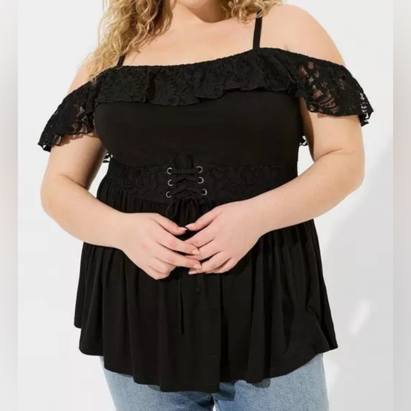 Torrid Vintage Slub Lace Up Corset Waist Babydoll Cami Black Lace Trim Strappy - Picture 3 of 13